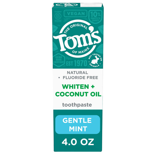 Front view of Tom’s of Maine Whiten+ Coconut Oil Gentle Mint toothpaste box showing brand logo and 4.0 oz size