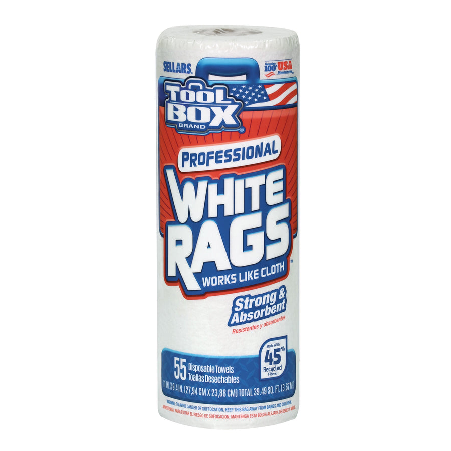 Roll of ToolBox Professional White Rags disposable towels with red, white and blue packaging and visible product label.