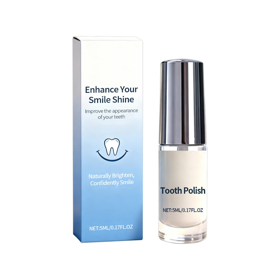 Clear glass bottle with chrome cap labeled 'Tooth Polish' next to blue gradient product box