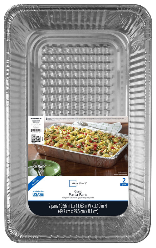 Top-down view of a Mainstays aluminum steam pan showing textured interior and attached product label