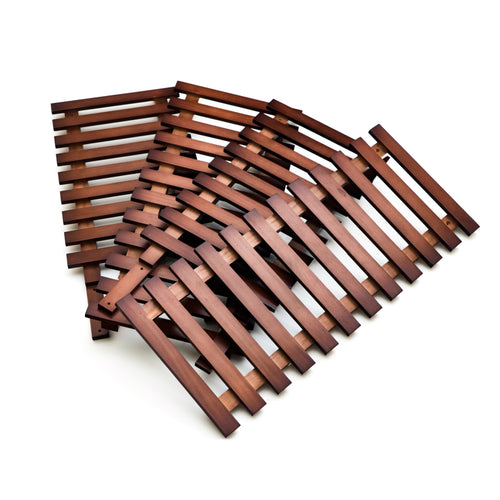 Two overlapping dark-stained wooden slatted panels arranged flat against a white background