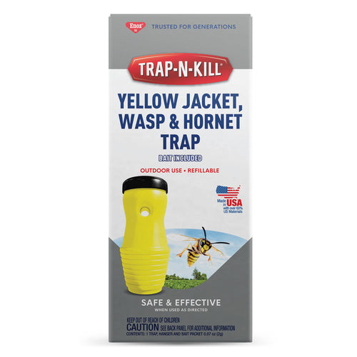 Front of Trap-N-Kill boxed packaging showing a yellow jacket, wasp & hornet trap with branding and product image