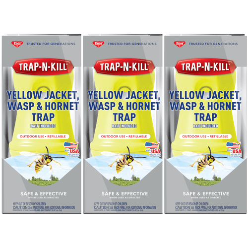 Three packaged Trap-N-Kill yellow jacket, wasp & hornet trap boxes shown side by side with product name and a wasp graphic