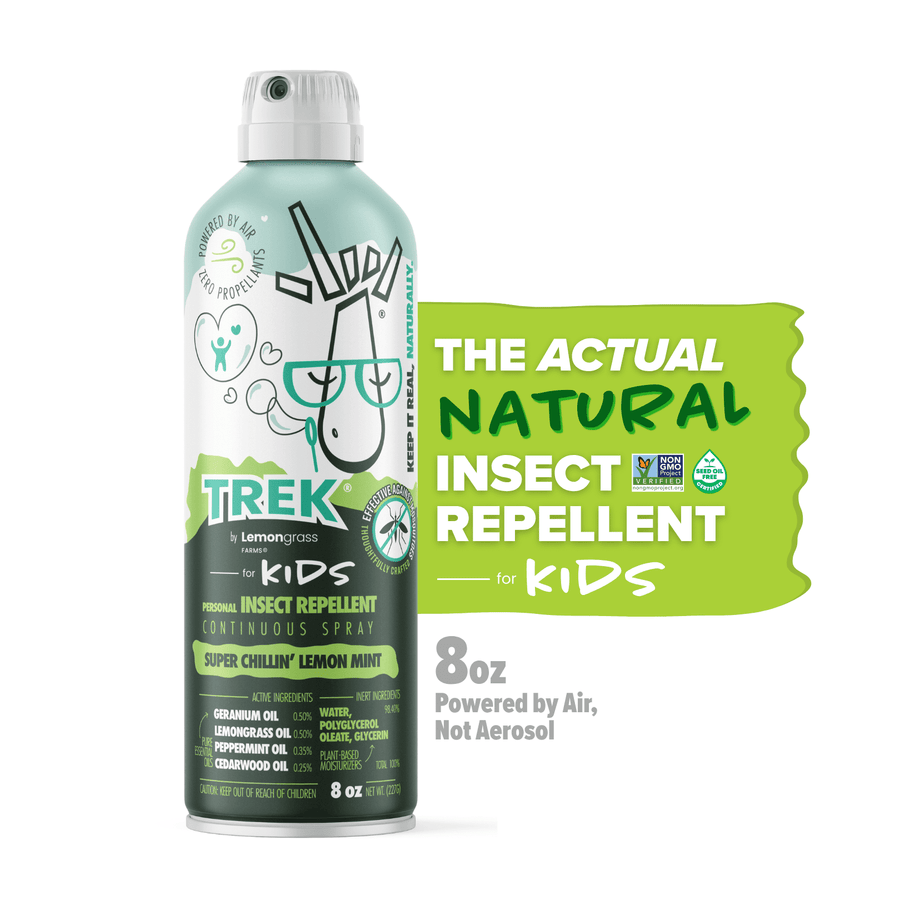 Single aerosol-style can of Trek by Lemongrass Farms continuous spray insect repellent with green label