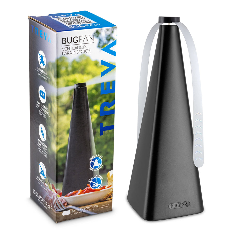 Black Treva cone-shaped bug fan beside its retail box showing outdoor table lifestyle photography.