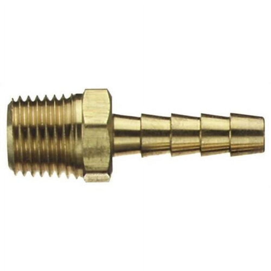 Close-up of a brass male hose barb fitting with threaded 3/8 NPT male end and stepped hose barb.
