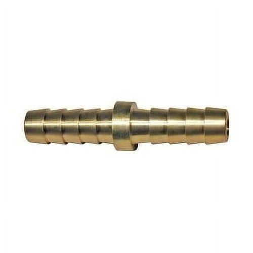 Tru-Flate brass double-barb hose splicer with stepped barbed ends and a central collar on white background