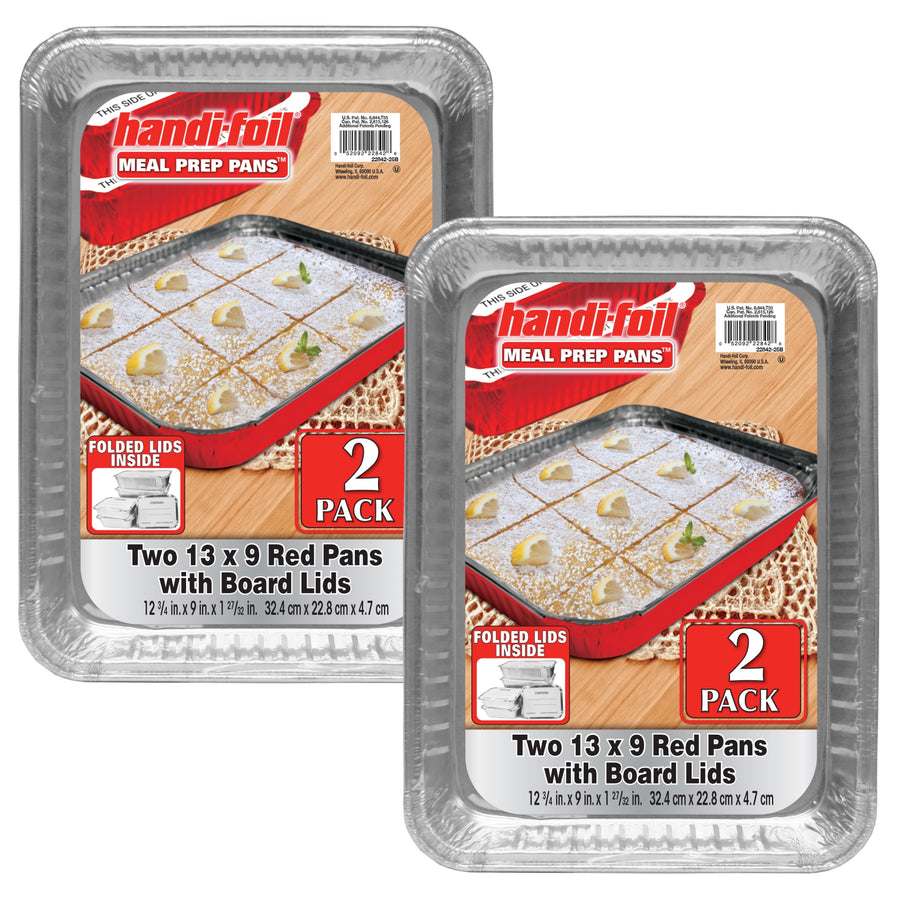 Two Handi-Foil packaged 13x9 red pans shown front-facing with product label artwork and 2-pack badge