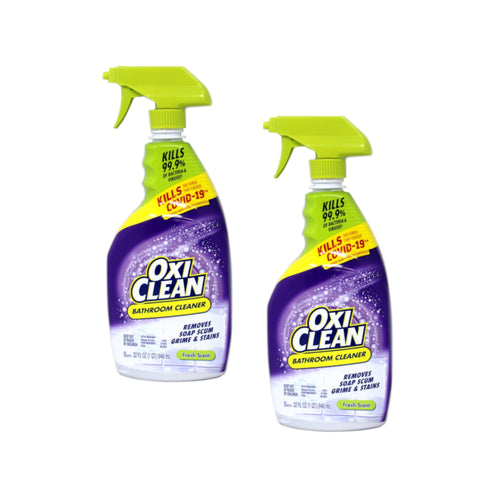 two oxiclean bathroom cleaner spray bottles with green triggers on a white background