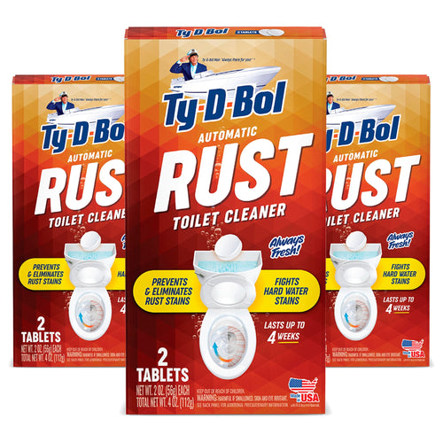 Three Ty-D-Bol Automatic Rust Toilet Cleaner product boxes with prominent RUST branding and toilet graphic