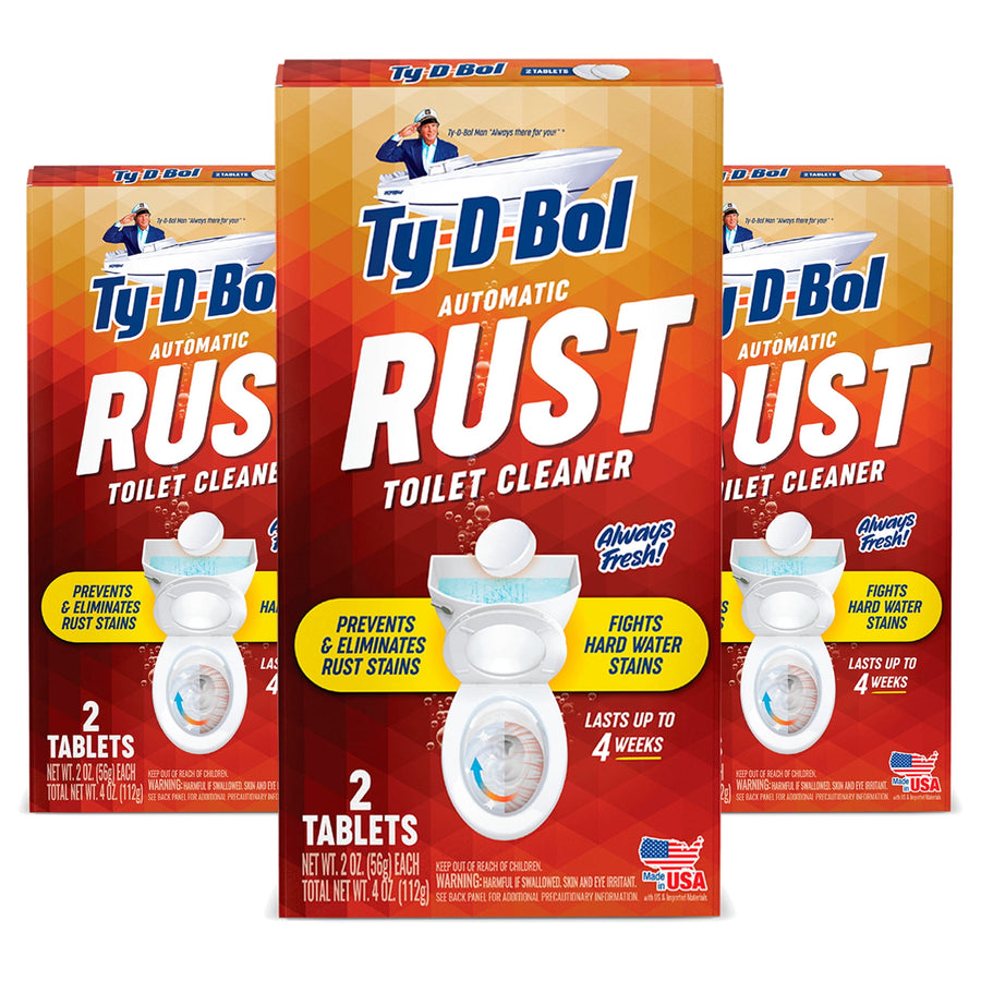 Three Ty-D-Bol Automatic Rust Toilet Cleaner product boxes with prominent RUST branding and toilet graphic