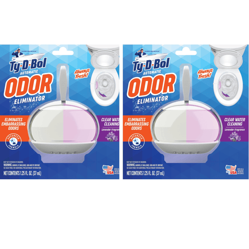 Two identical Ty-D-Bol Odor Eliminator blister packs showing over-the-rim dispenser with pink and yellow chambers on blue background.