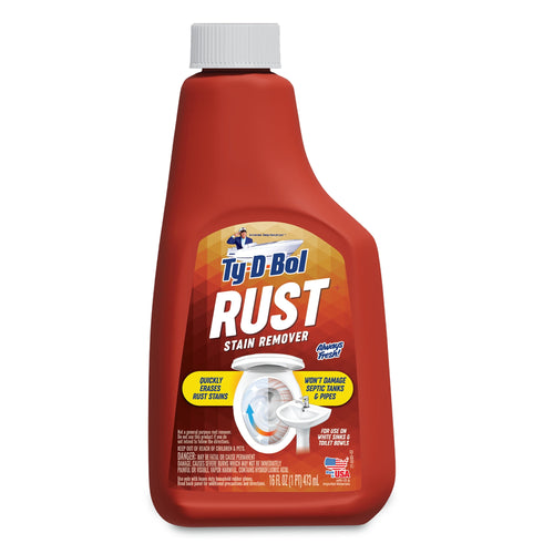 Red Ty-D-Bol Rust stain remover bottle with white cap and product label on white background