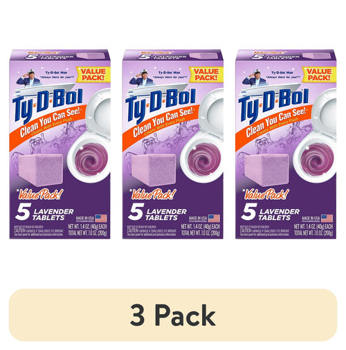 Three Ty-D-Bol lavender toilet bowl cleaner value-pack boxes shown side by side on white background