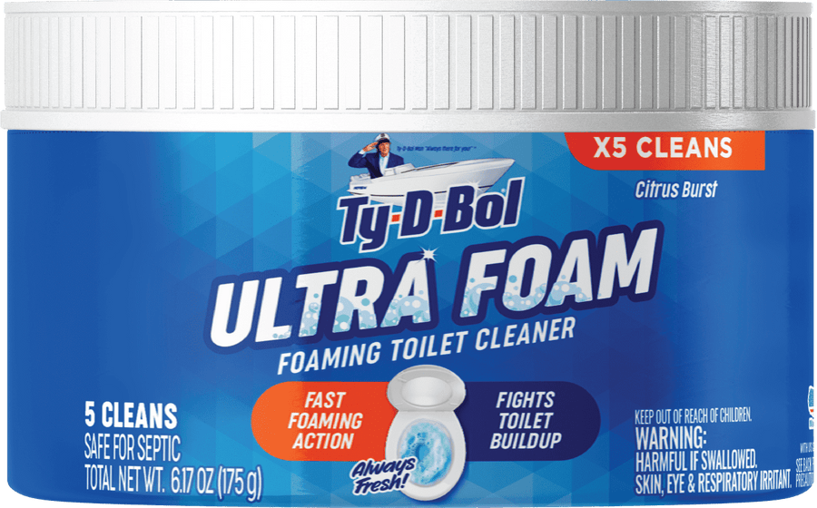 Close-up front label of Ty-D-Bol Ultra Foam foaming toilet cleaner tub with blue branding and product callouts