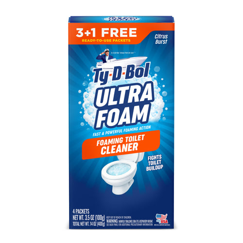 Front-facing Ty-D-Bol Ultra Foam foaming toilet cleaner box with toilet illustration and 3+1 free banner