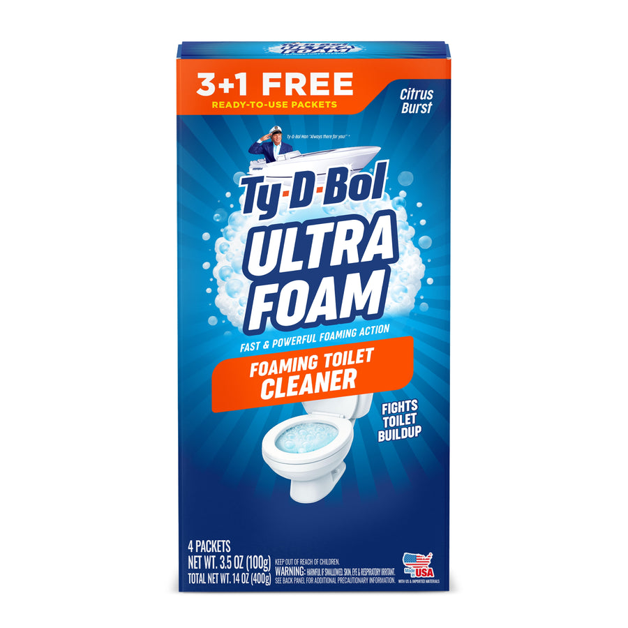 Front-facing Ty-D-Bol Ultra Foam foaming toilet cleaner box with toilet illustration and 3+1 free banner
