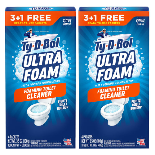 Two Ty-D-Bol Ultra Foam foaming toilet cleaner boxes side-by-side showing blue bubbly design and toilet bowl graphic.