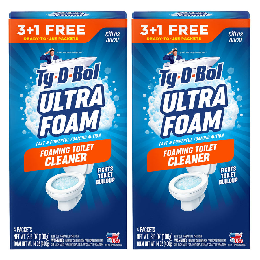 Two Ty-D-Bol Ultra Foam foaming toilet cleaner boxes side-by-side showing blue bubbly design and toilet bowl graphic.