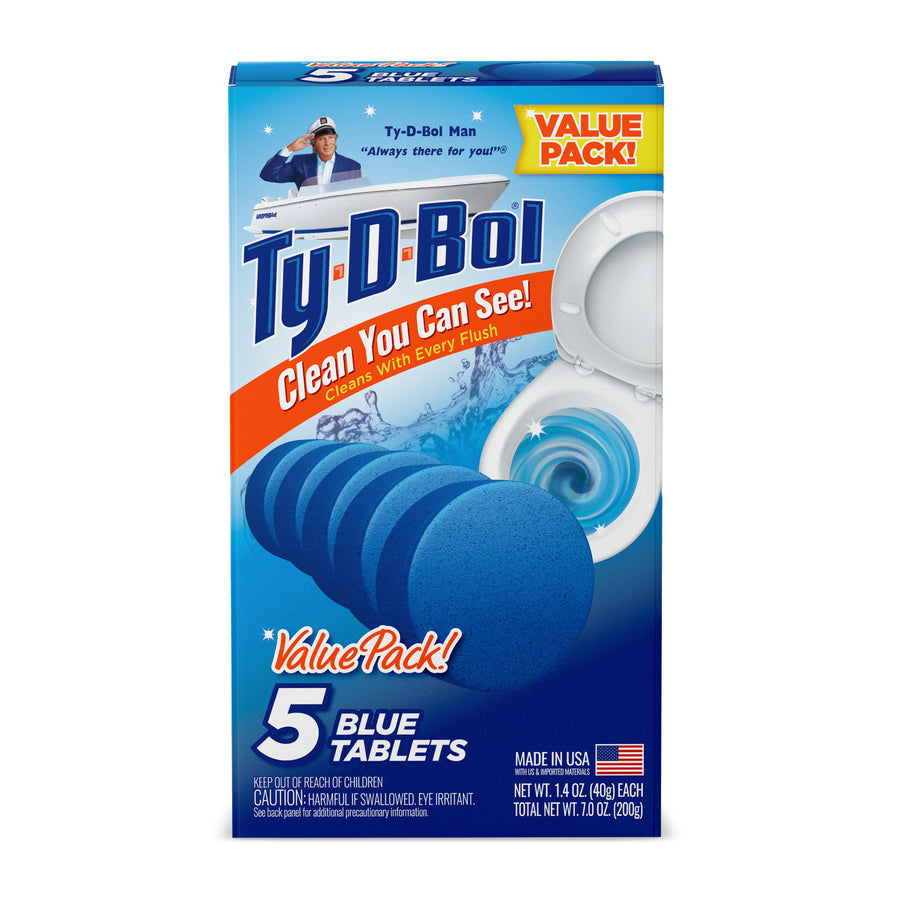 Ty-D-Bol value pack box showing five blue toilet bowl cleaner tablets and toilet bowl swirl graphic