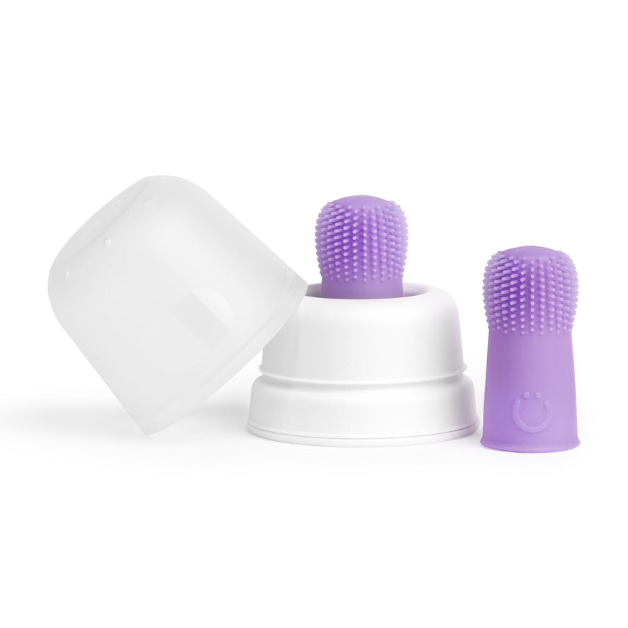 Two purple silicone finger toothbrushes with a white hygienic storage case, one brush seated in the case on a white background.