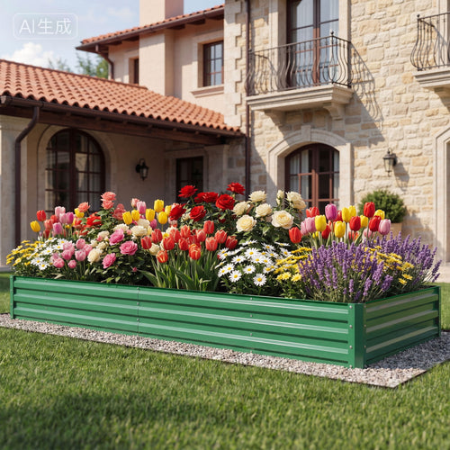 Low green metal raised garden bed filled with colorful tulips, daisies and lavender in front of a stone house
