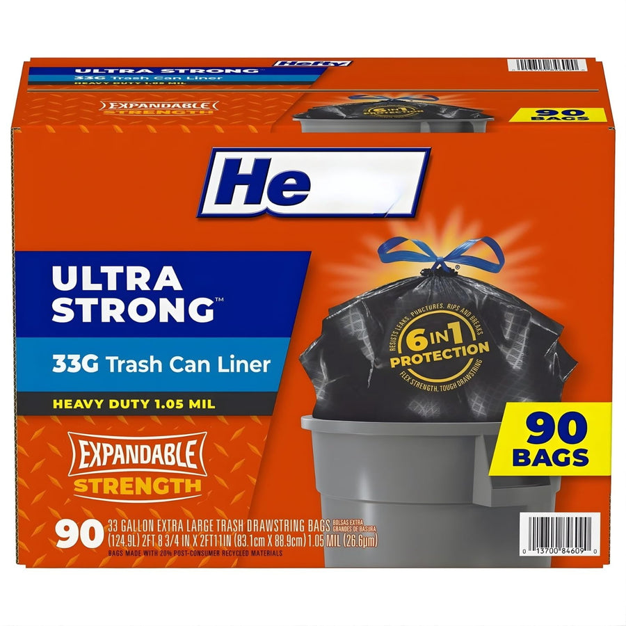 Orange retail box of Ultra Strong 33G trash can liners showing a tied black bag over a gray bin and '90 bags' callout