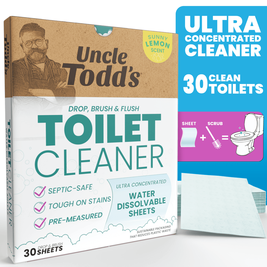 Close-up product box of Uncle Todd's lemon-scented toilet cleaner with dissolvable sheets and one sheet shown