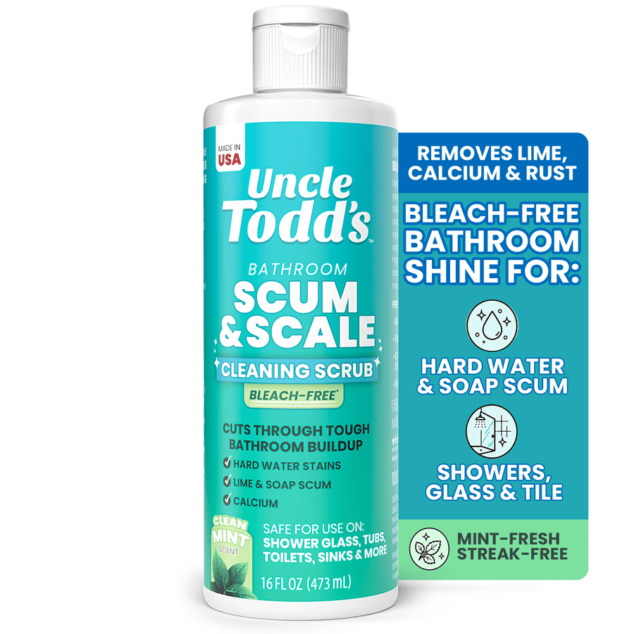 Front-facing bottle of Uncle Todd's Scum & Scale bathroom cleaning scrub with teal label and feature panel