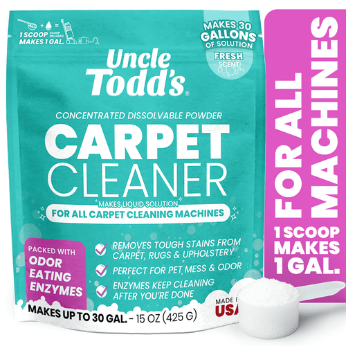 Teal resealable pouch of Uncle Todd's concentrated dissolvable carpet cleaner powder with scoop and bold product name.