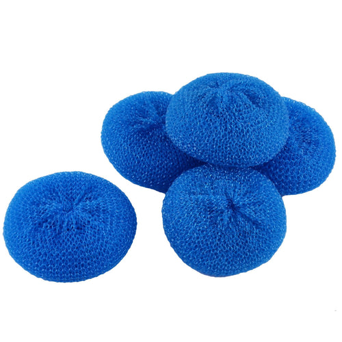 Pile of five round blue mesh dish scrubber pads with textured honeycomb netting