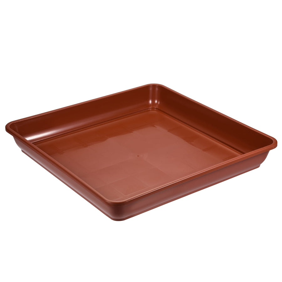 square brown plastic plant saucer tray with shallow sides on white background