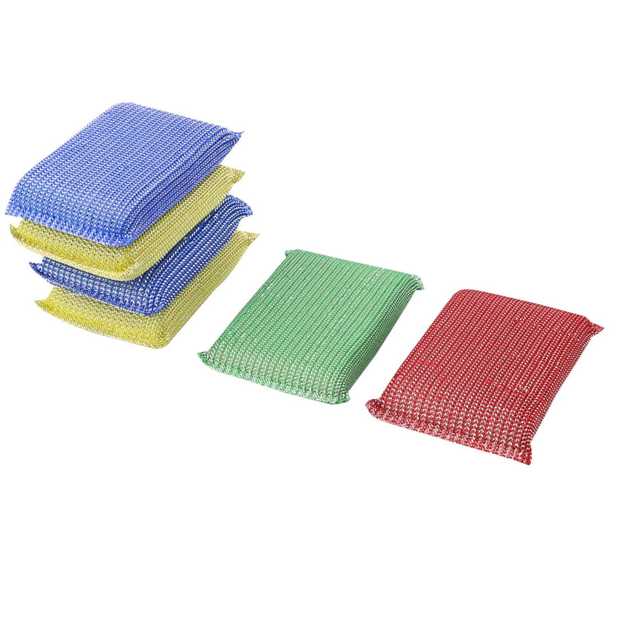Assorted rectangular mesh dish scrub pads in blue, yellow, green and red arranged on a white background.