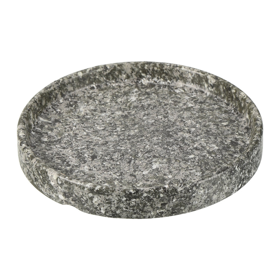 Round gray speckled ceramic planter saucer with shallow rim, marble-like textured surface