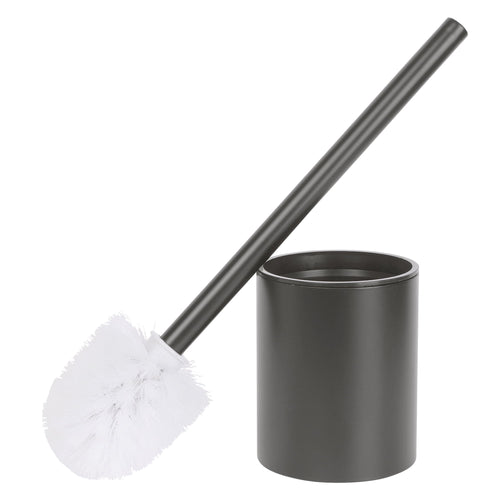 Gray stainless-look toilet brush with white bristles and matching cylindrical holder on white background