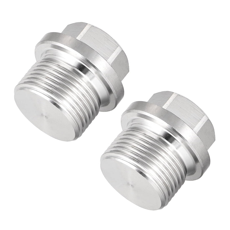 Two stainless steel male hex-head threaded plugs with M22-style threads shown on a white background.