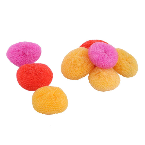 Cluster of round multicolor mesh dish scrubbers in pink, red and orange on white