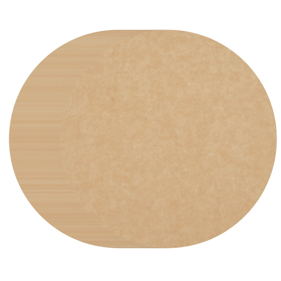 Single unbleached round parchment paper sheet in wood‑color displayed on a white background.