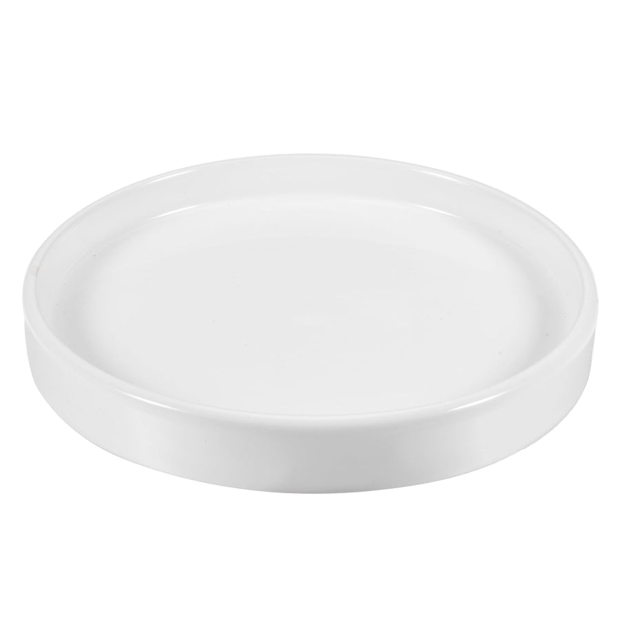 White round glazed ceramic plant saucer with shallow rim shown on white background