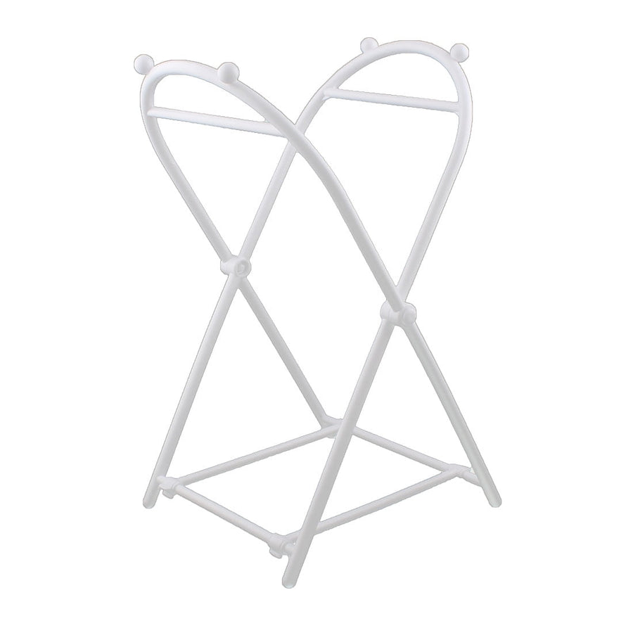 White foldable plastic trash bag frame holder with crossed legs and rounded top on a white background.