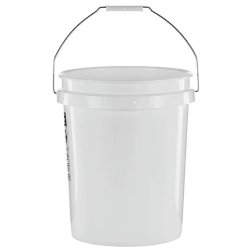 White plastic 5-gallon utility bucket with metal comfort handle and white grip, front-facing on white background