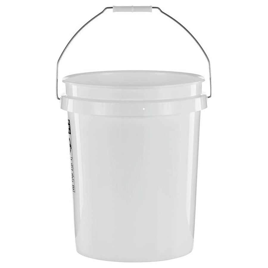 White plastic 5-gallon utility bucket with metal comfort handle and white grip, front-facing on white background