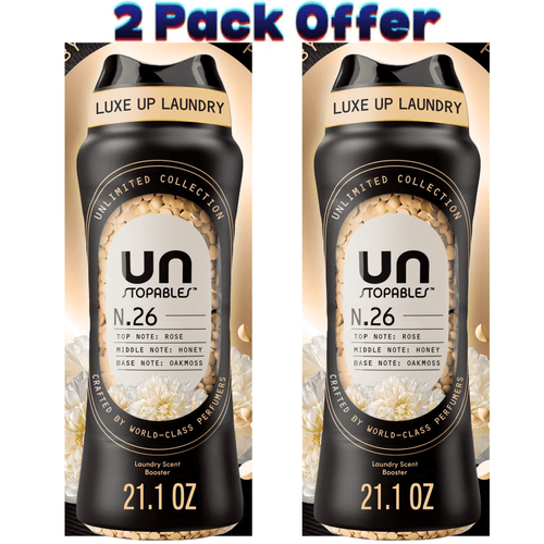 Two UNSTOPABLES N.26 in-wash scent booster bottles side by side with gold-accented black packaging and “2 Pack Offer” header