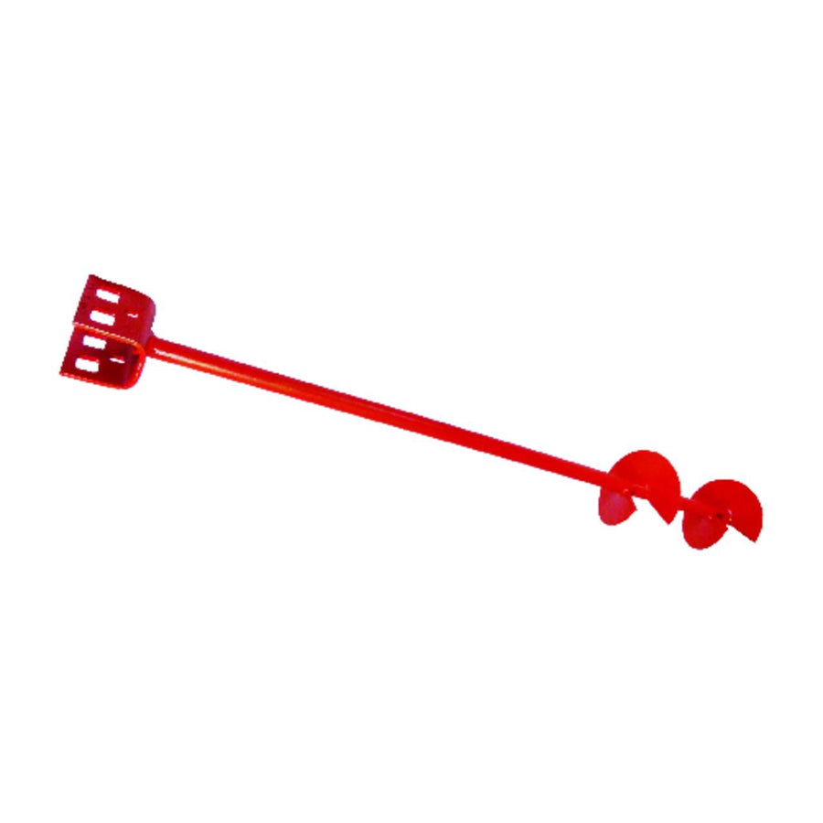 Red metal double-earth anchor with twin spiral blades and a square top, isolated on white background.