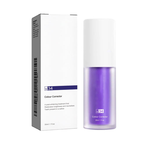 V34 Colour Corrector translucent purple bottle beside its white box with purple label