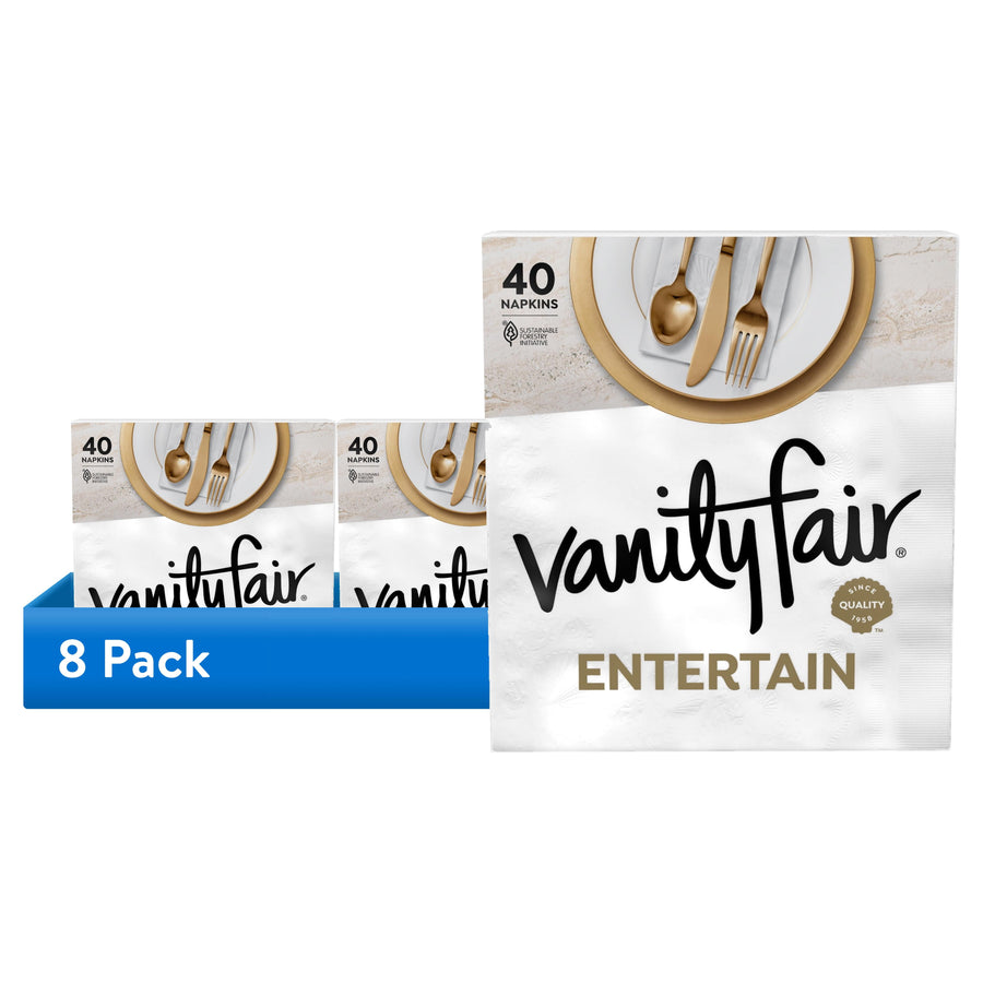 Display of Vanity Fair Entertain napkin packs with blue '8 Pack' banner and large front package art