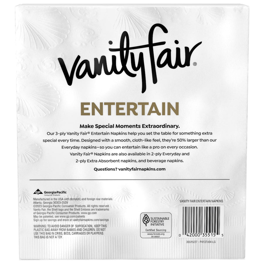 Back of Vanity Fair Entertain napkin package showing product copy, barcode, and sustainability icons