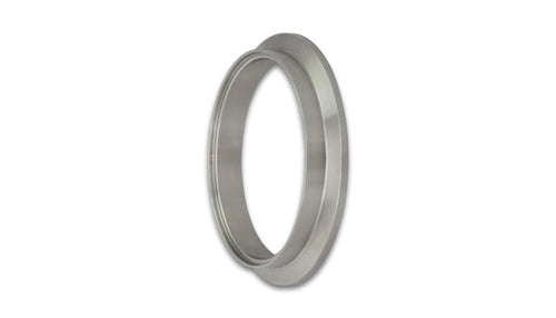 Angled view of a stainless steel V-band outlet flange with smooth machined finish