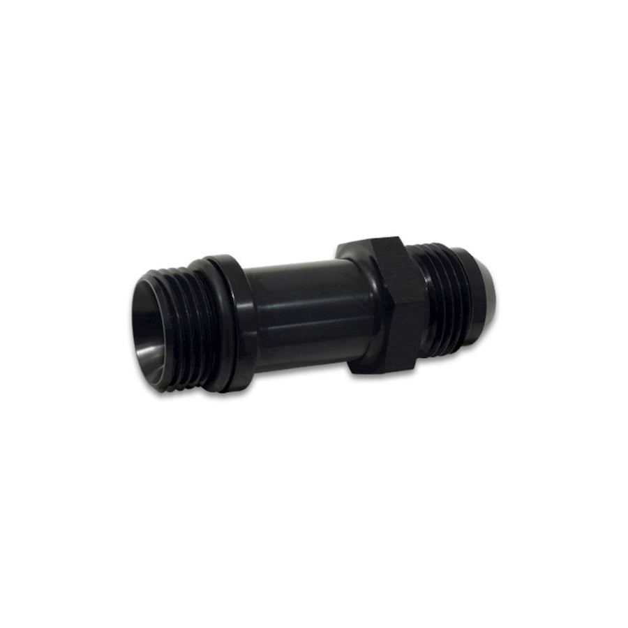 Black straight male threaded aluminum adapter with hex nut center on white background
