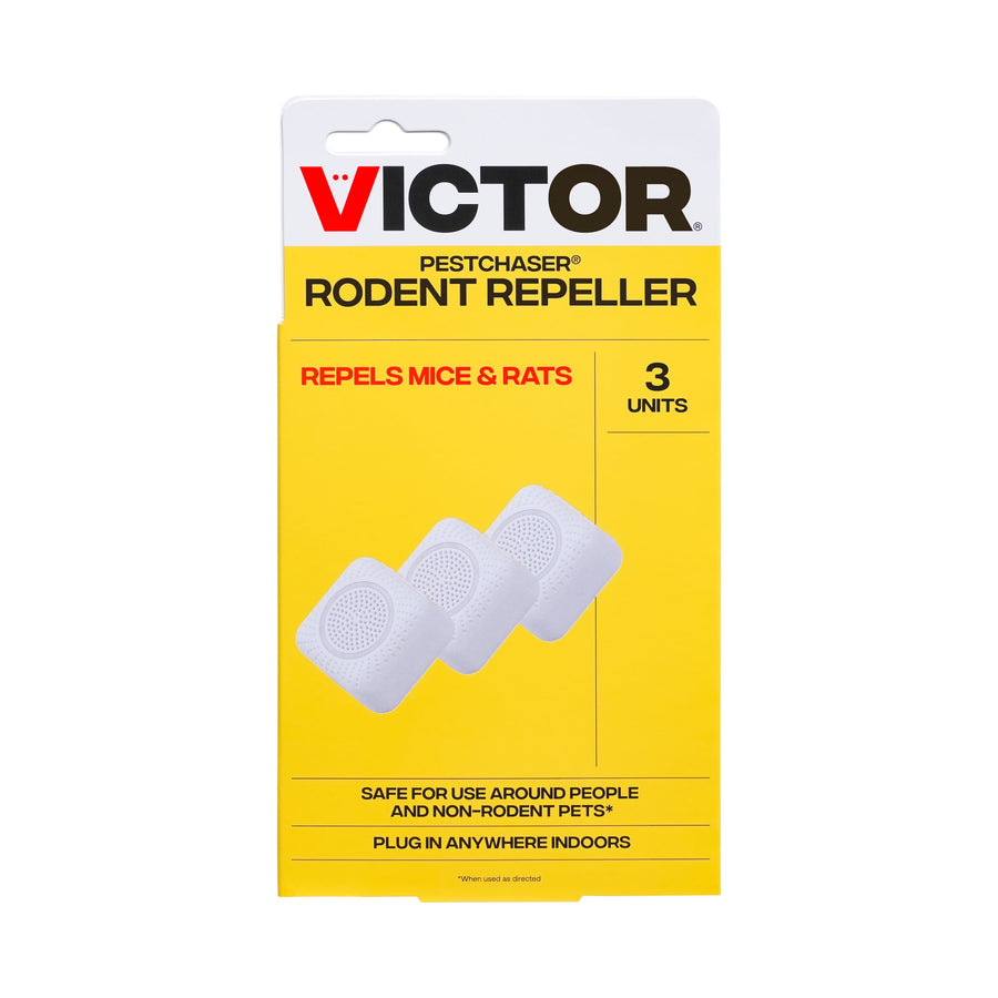 Yellow Victor PestChaser rodent repeller retail box showing three white plug-in units and branding